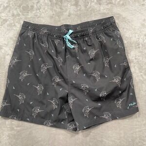 Huk Swim Trunks Mens XL Black Swordfish Print Shorts Lined Drawstring Fishing